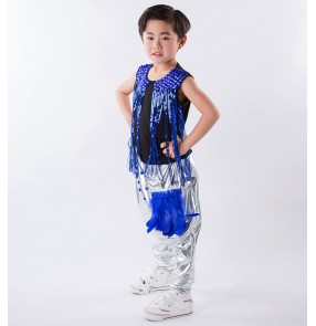 Silver royal blue patchwork leather fringes sequins boys kids children school play jazz hip hop drummer performance dance outfits costumes